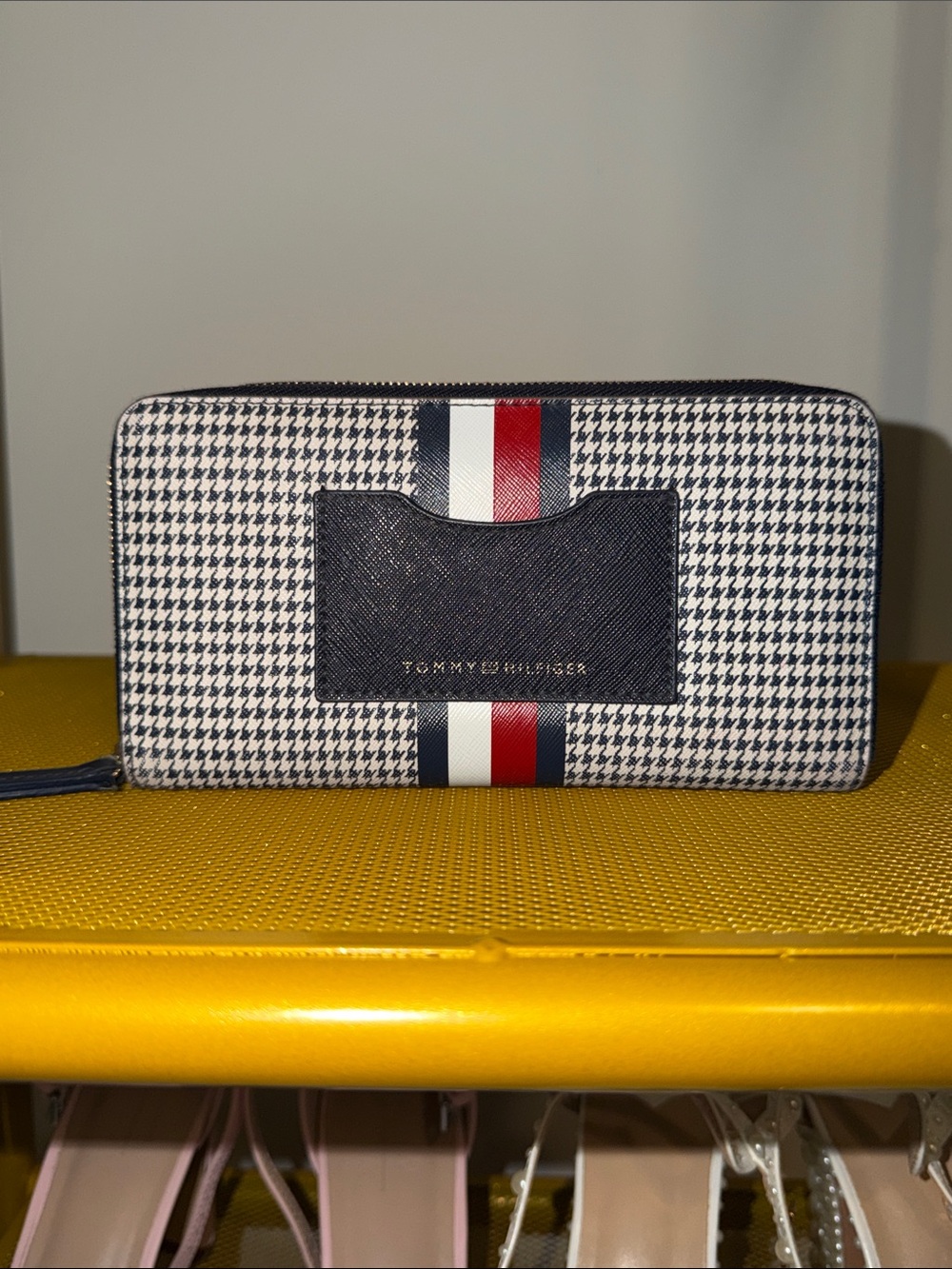 Tommy Hilfiger Navy Houndstooth Zip-Around Wallet with Red & White Stripe
